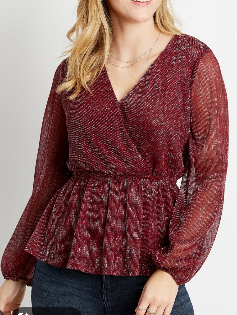 Maurices Shimmer Wrap Peplum Blouse - Burgundy